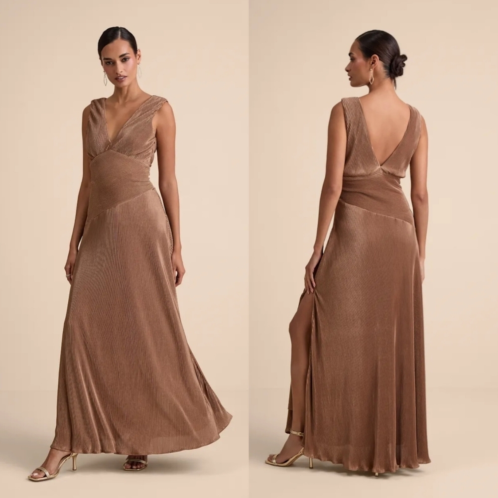 Lulus Renee Light Brown Satin Plisse V-Neck Maxi Dress XL Wedding Party Prom
